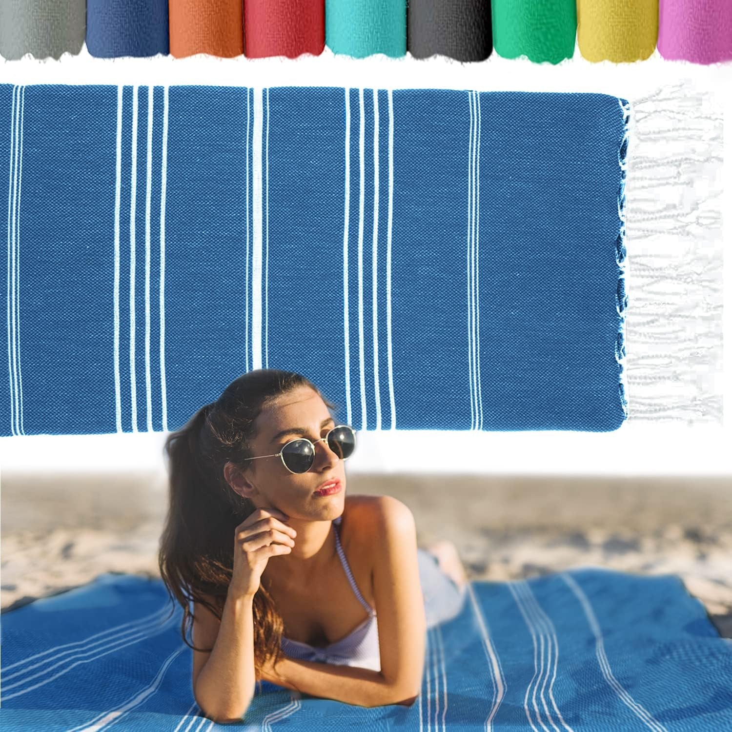 Turkish Beach Towel 37 X 70 Inches - 100% Cotton - Soft and Quick - Dry Sand Free Sand Proof - Thin Lightweight Large Oversized Turkish Towel for Women, Beach Body, Bathroom, Travel, Gym, Navy Blue - Chill Drift