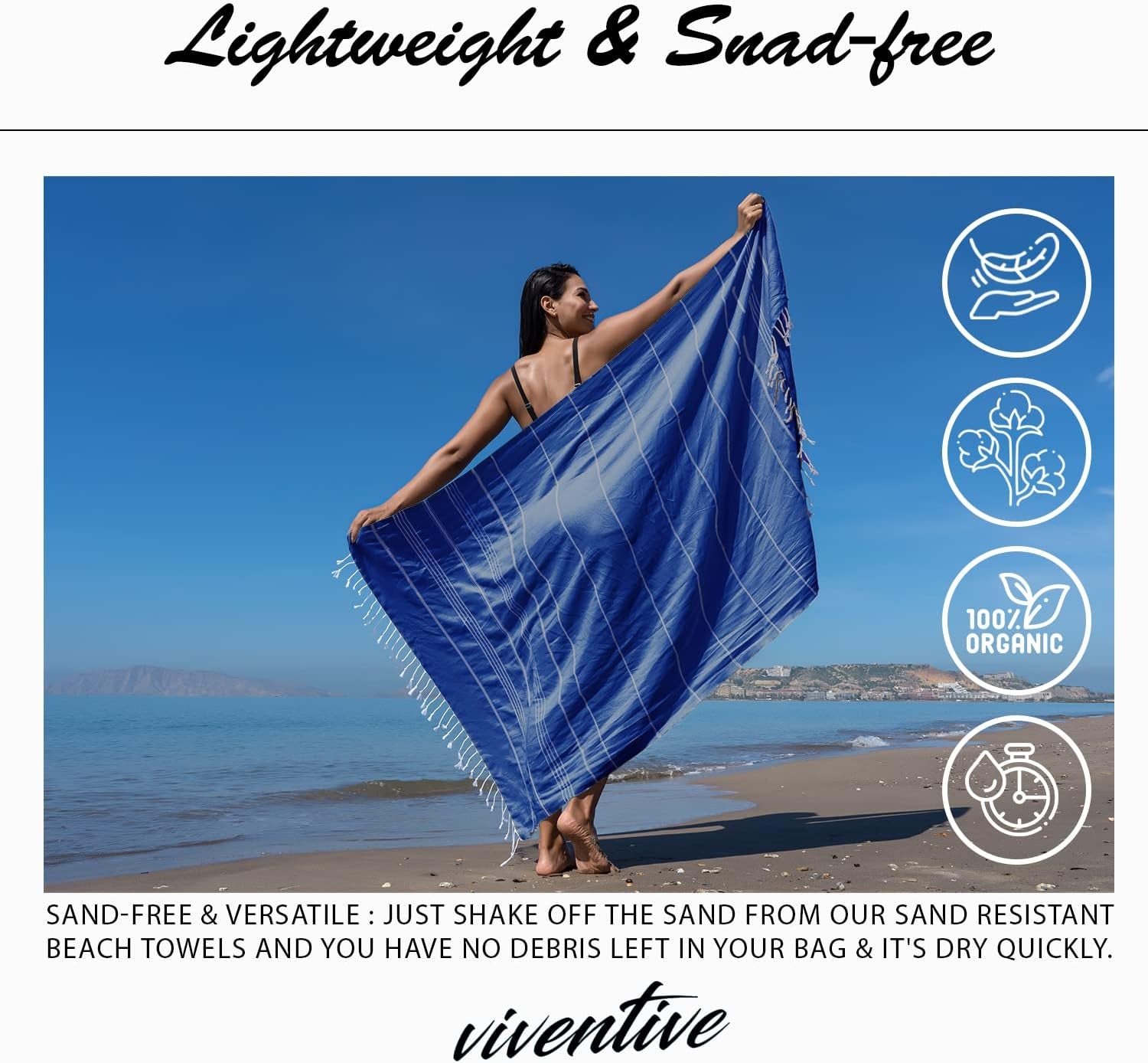 Turkish Beach Towel 37 X 70 Inches - 100% Cotton - Soft and Quick - Dry Sand Free Sand Proof - Thin Lightweight Large Oversized Turkish Towel for Women, Beach Body, Bathroom, Travel, Gym, Navy Blue - Chill Drift